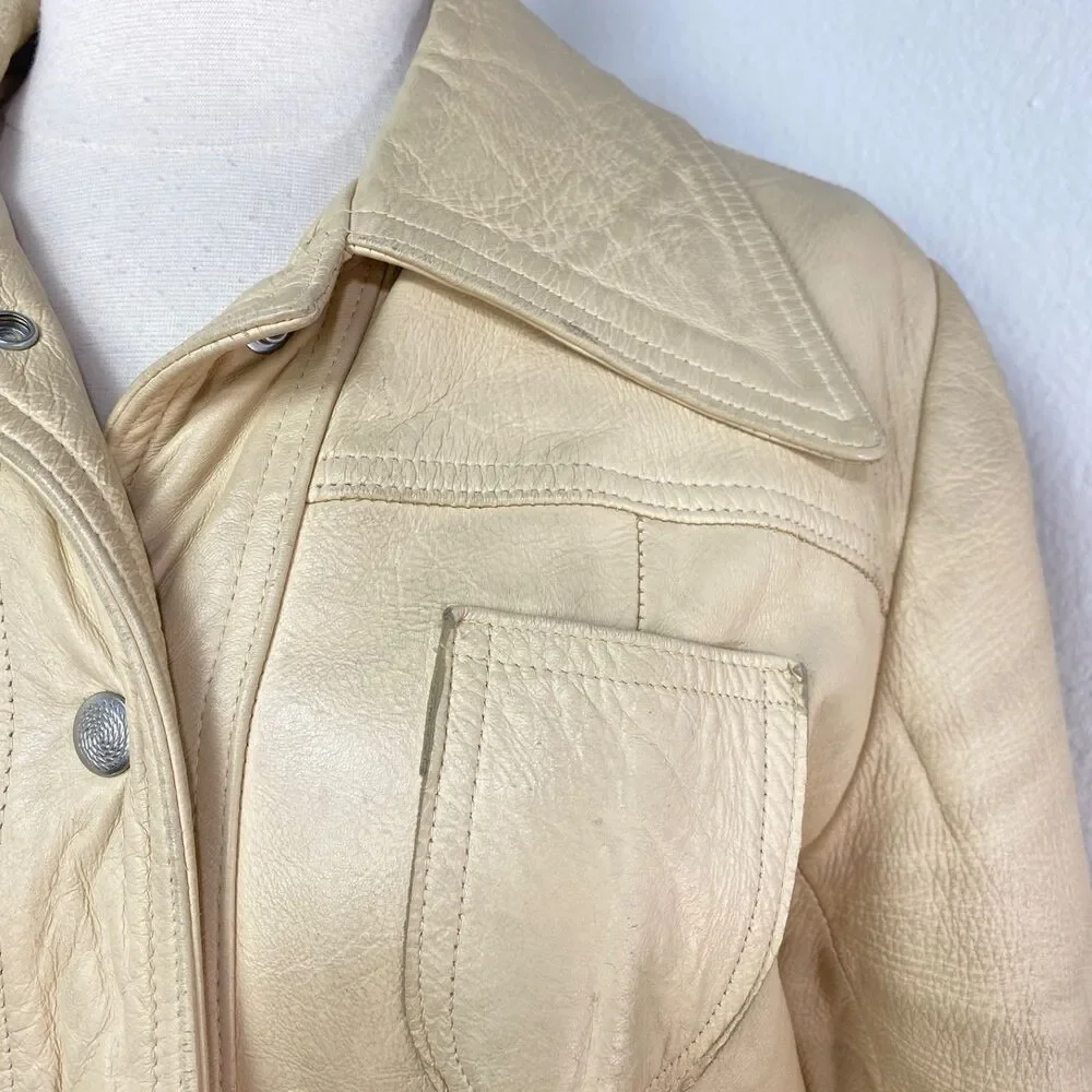 Vintage 70 New England Sportswear Trench Beige Leather Jacket 12 Snap Front Belt